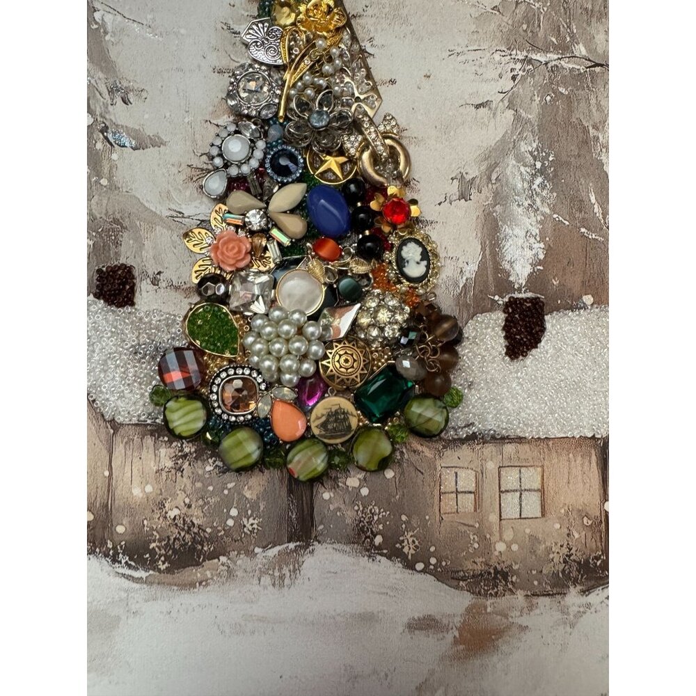 Designs By Betty Jewelry Art Christmas Tree Cabin Scene 14" X 17" Logo Signed - Picture 8 of 9